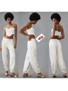 Anthropologie Maeve Satin Parachute utility Pants SIZE 10 ivory white NEW NWT